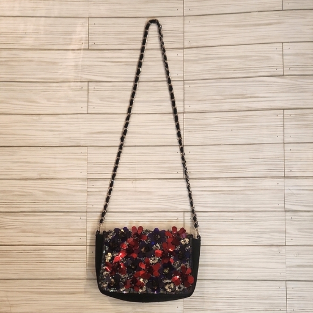 Womens Free People black suede sequin floral chain strap bag. - Picture 2 of 16